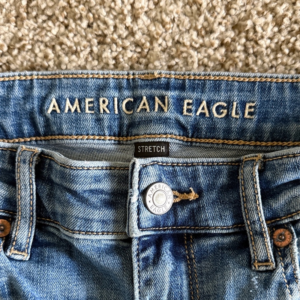 American Eagle Outfitters Stretch Flare Light Blue Jeans with distressing - Picture 3 of 4